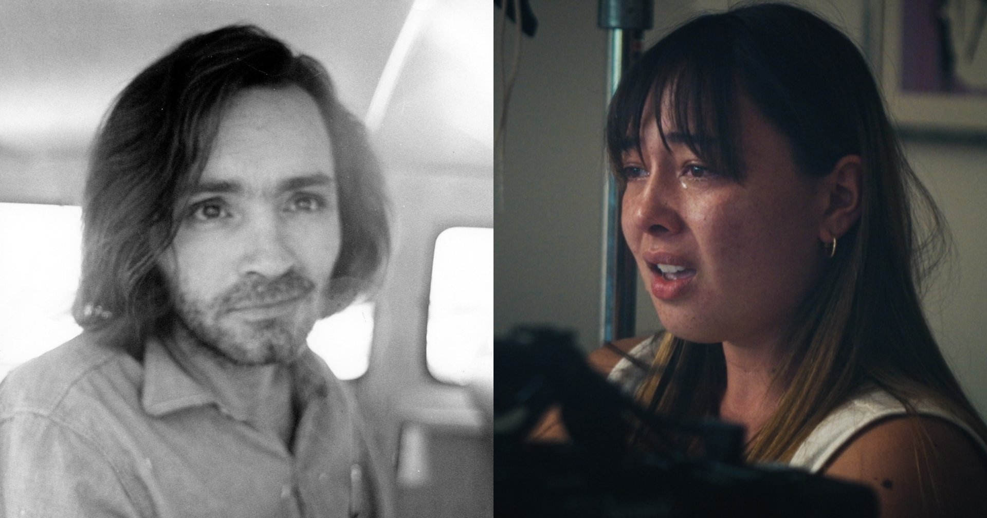 Black-and-white photo of a long-haired, bearded man in a button-up shirt sitting inside a police van, looking at the camera.