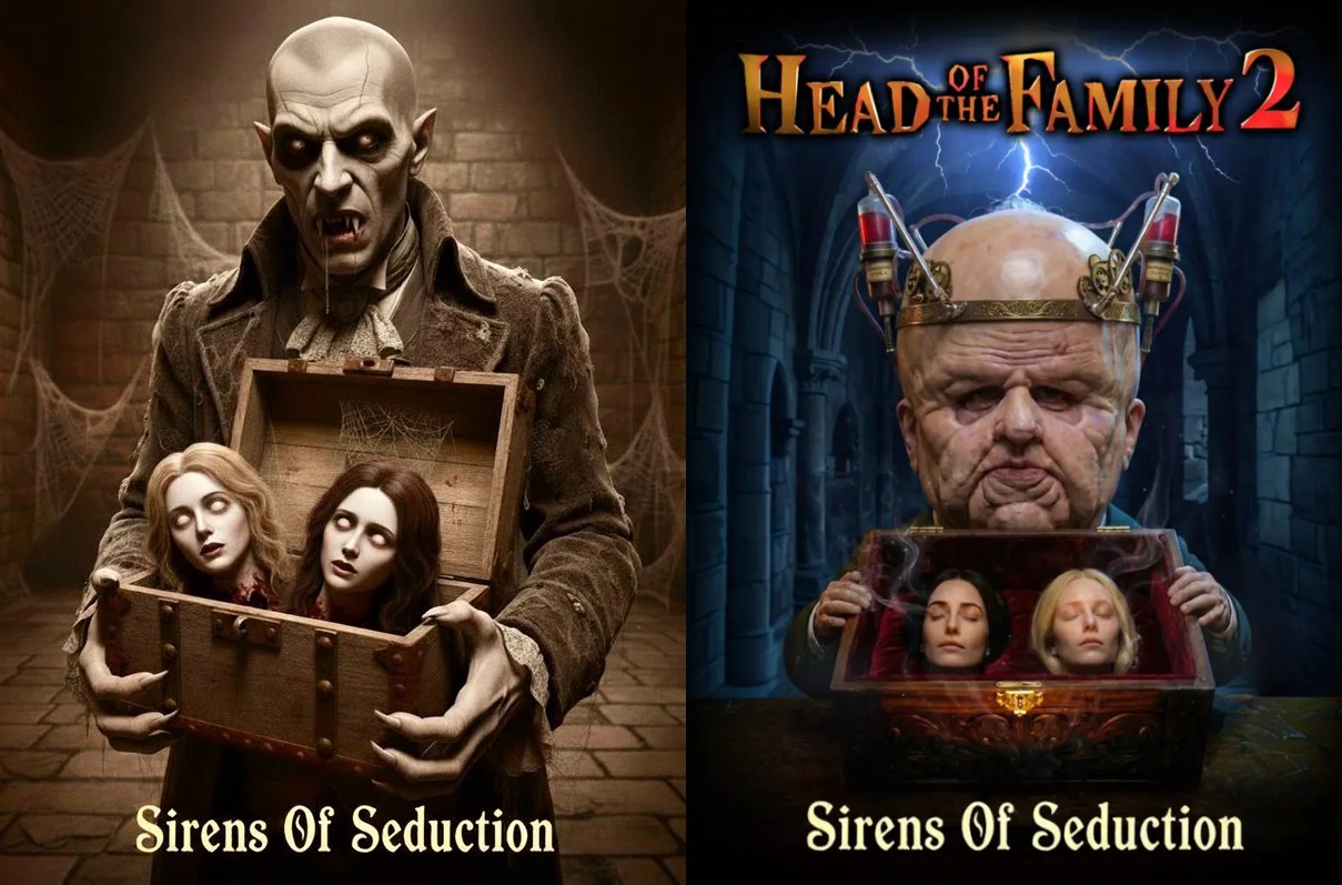 Side-by-side horror movie posters: left shows a vampire-like figure holding a wooden box with two severed heads; right shows the Head of the Family 2: Sirens of Seduction poster with a giant-headed man holding a similar box.