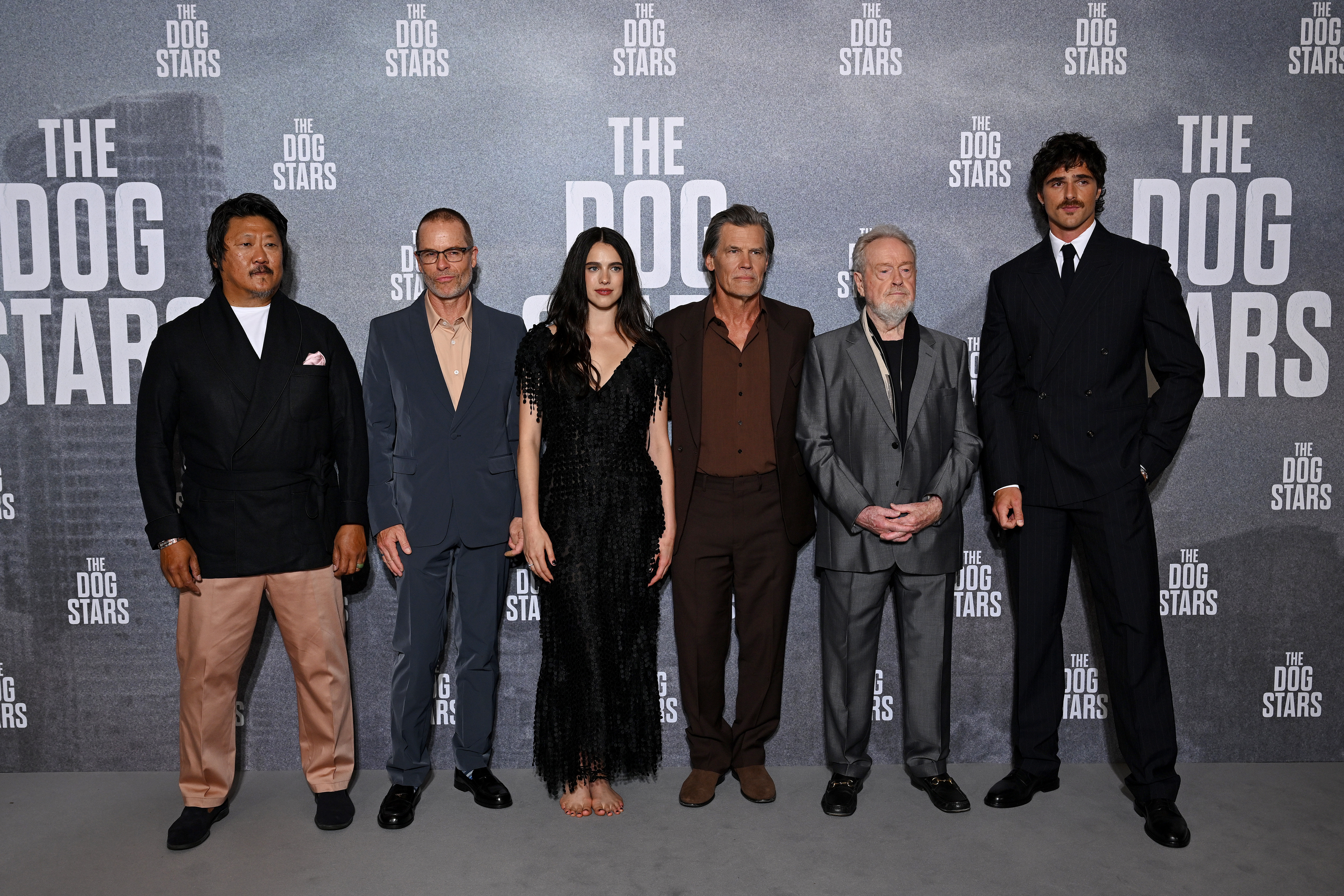 Benedict Wong, Guy Pearce, Margaret Qualley, Josh Brolin, Ridley Scott, and Jacob Elordi at the premiere of The Dog Stars at Odeon Luxe Leicester Square in London.