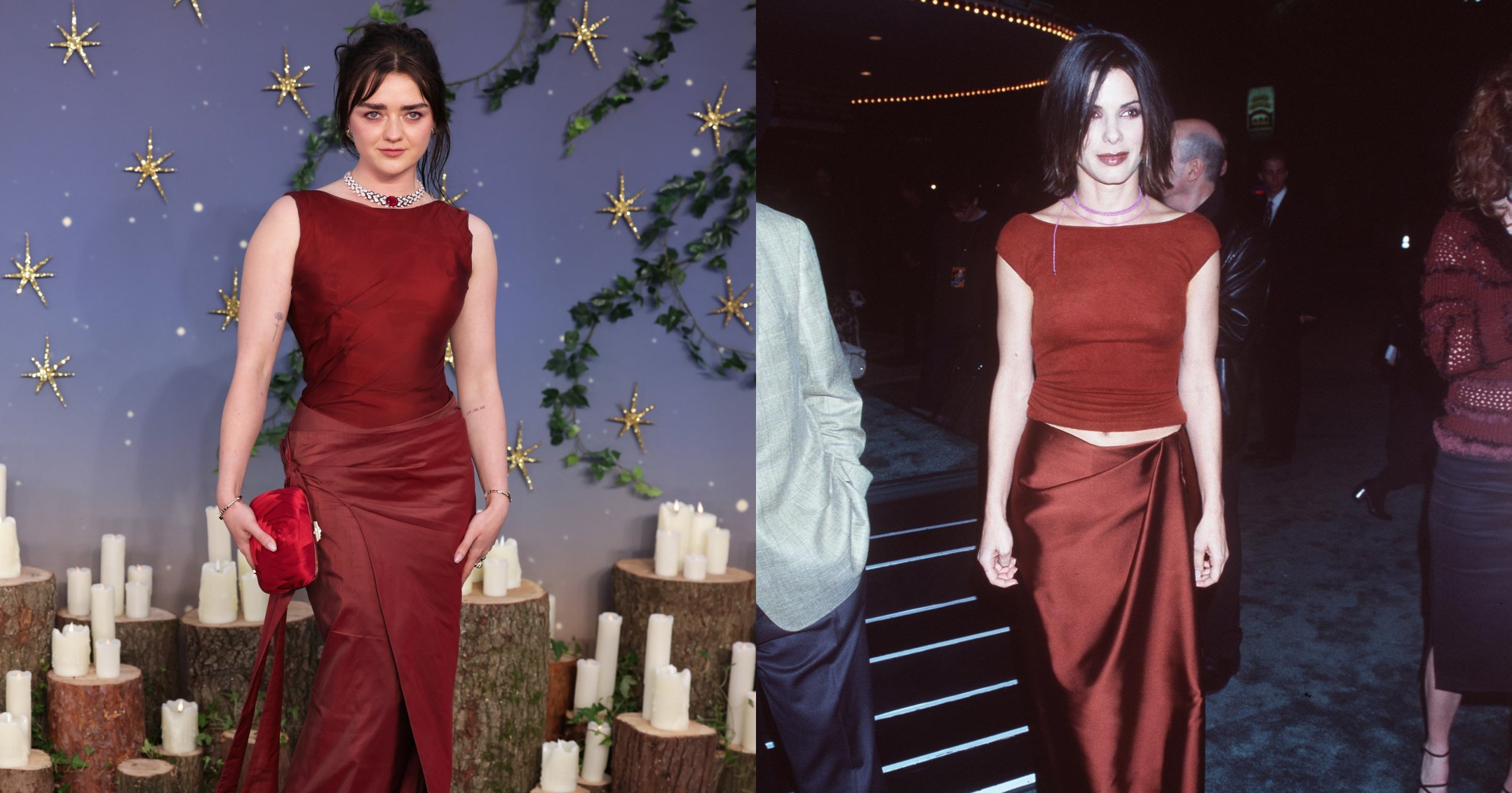 Maisie Williams in a custom burgundy sleeveless gown with a train, holding a red clutch, posing at a premiere event with candles and gold star decorations.