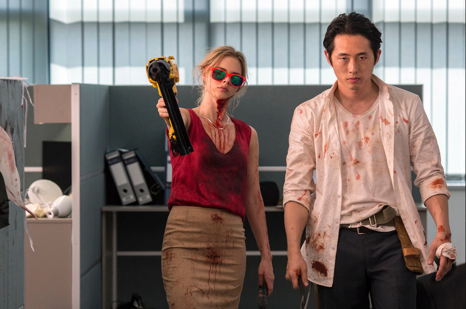 Click to open the image gallery A scene from the workplace horror film Mayhem (2017)
