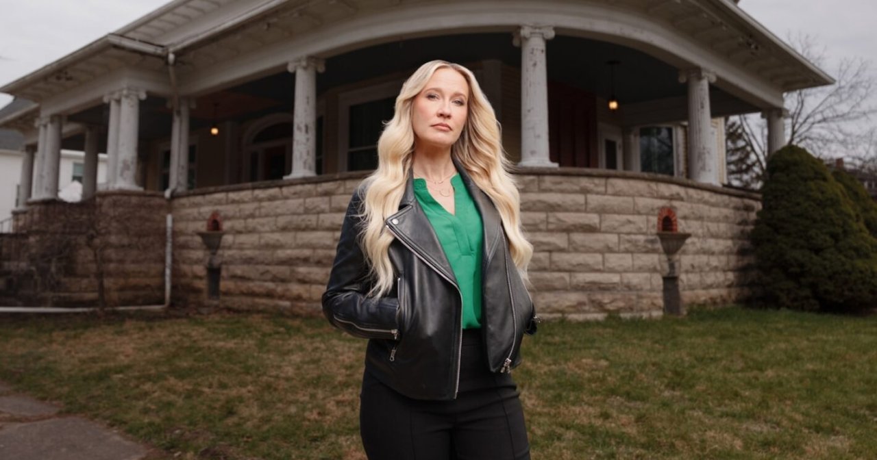 Blonde woman in a black leather jacket and green blouse standing on the lawn in front of a large stone Victorian house with a wraparound porch.
