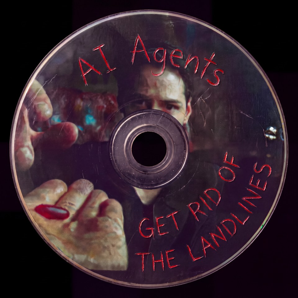 The Matrix: Distressed Matrix disc artwork with Neo, Morpheus and red handwritten lettering