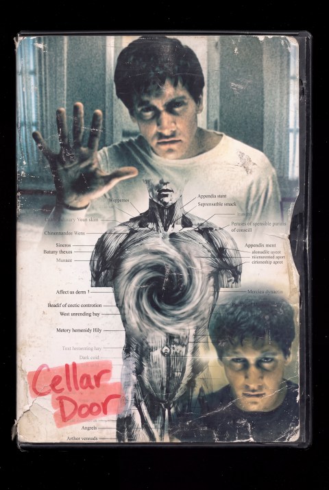 Distressed Donnie Darko DVD case on black, with portraits, an anatomical vortex, and red Cellar Door lettering