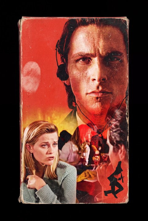 Distressed red American Psycho VHS sleeve featuring Patrick Bateman wearing headphones