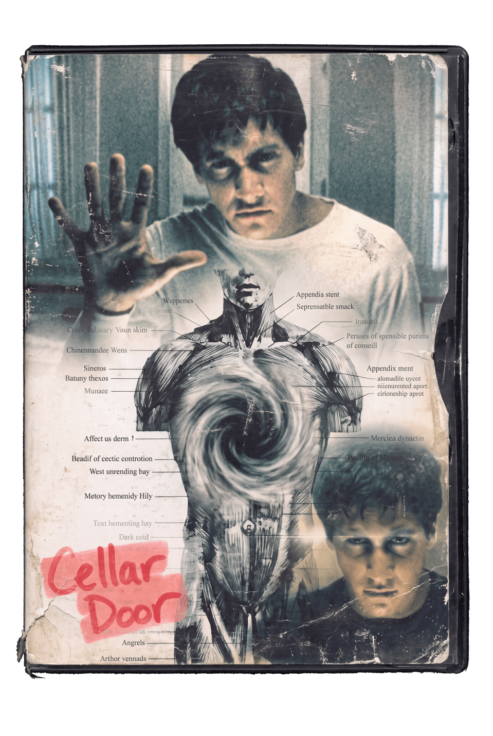 Distressed Donnie Darko DVD case on black, with portraits, an anatomical vortex, and red Cellar Door lettering