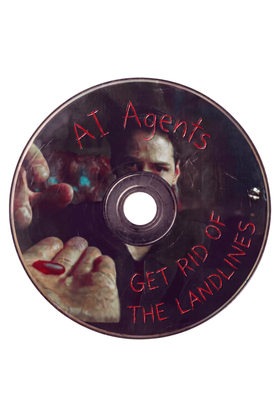 Distressed Matrix disc artwork with Neo, Morpheus and red handwritten lettering