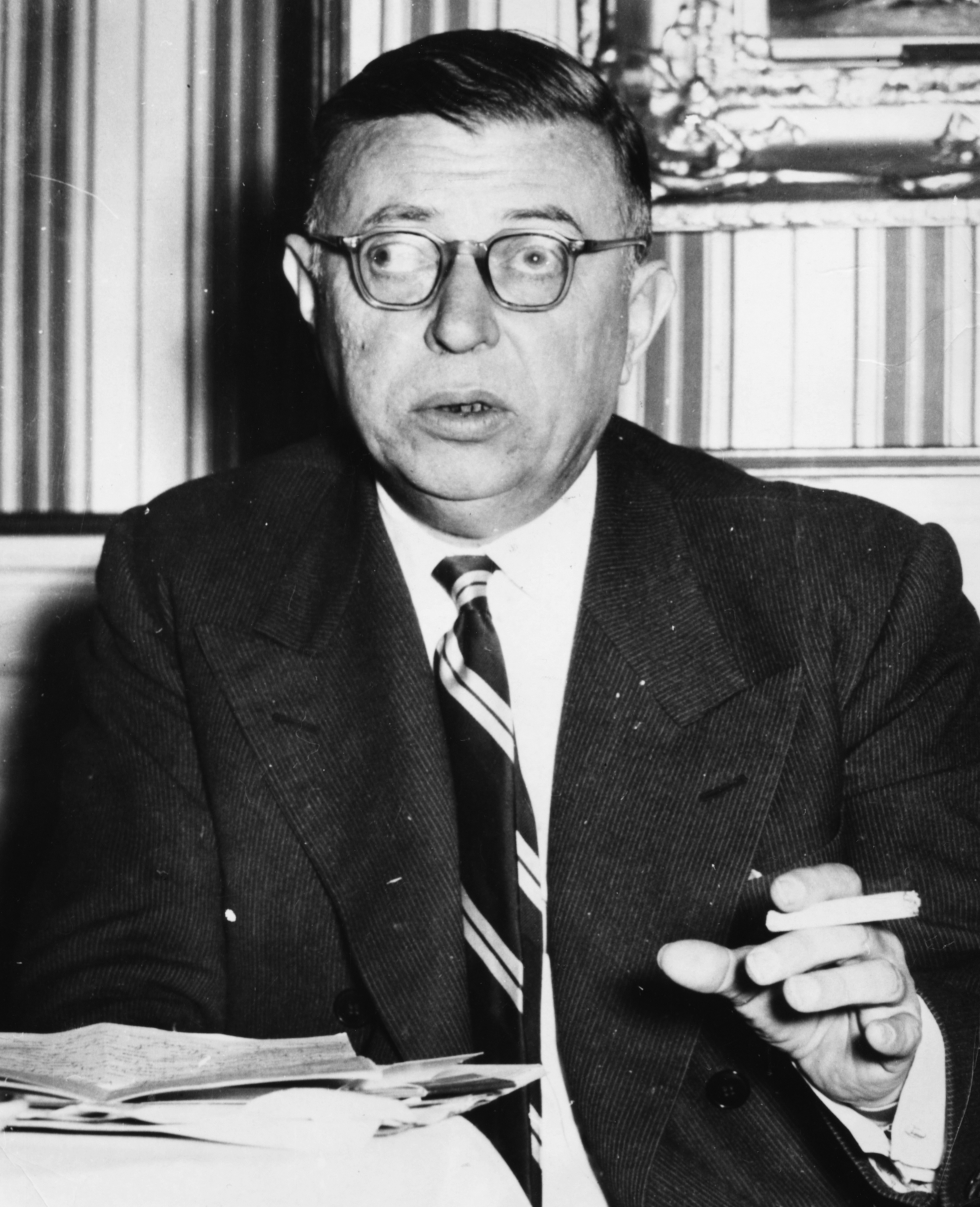 Black and white portrait of French philosopher Jean-Paul Sartre, circa 1940.