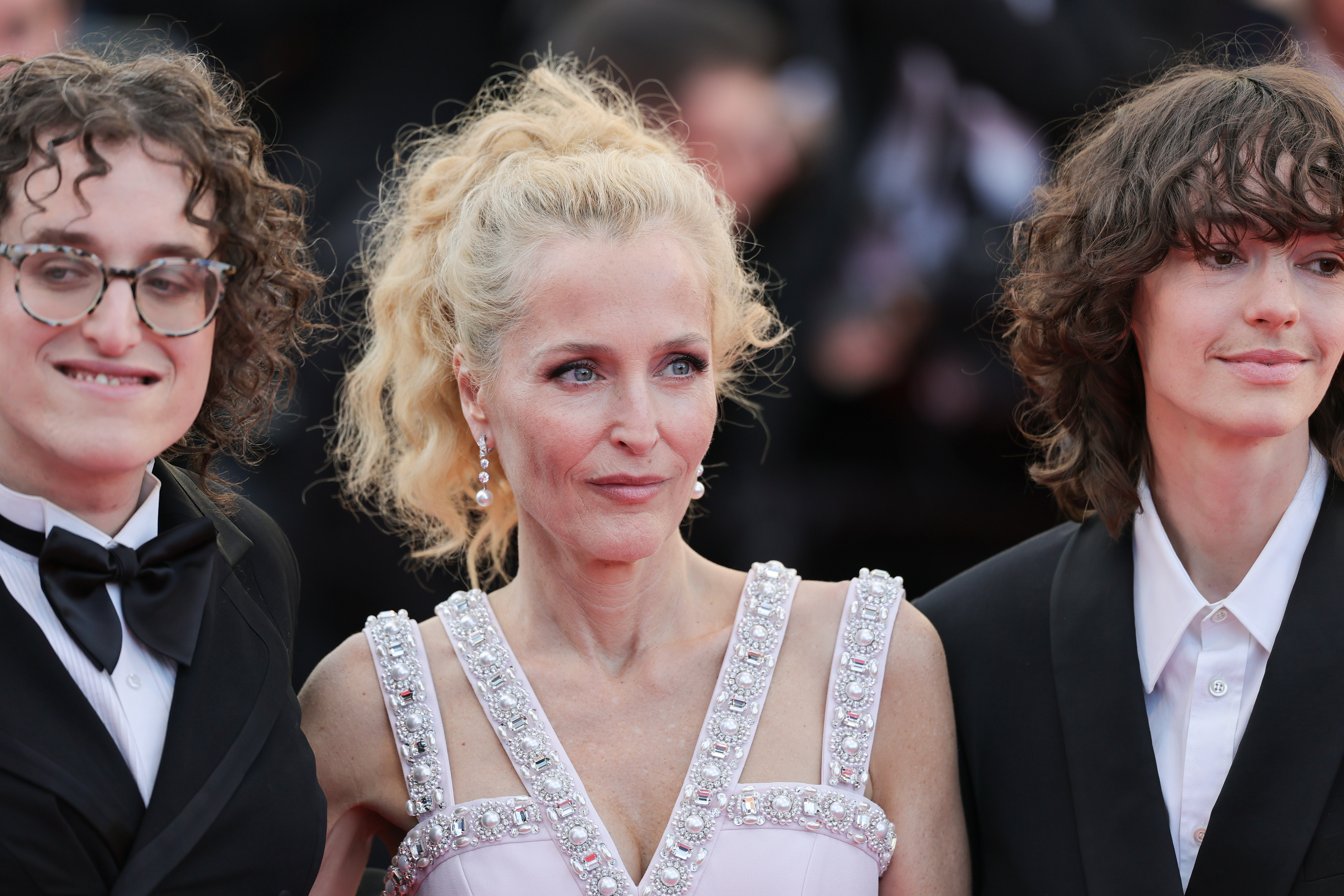 Jane Schoenbrun, Gillian Anderson, and Jack Haven at the 79th Cannes Film Festival