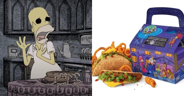 Animated Simpsons characters in a dark gothic art style: a distorted Homer screams at a kitchen table with worm-like food, while Bart peeks through an arched door.