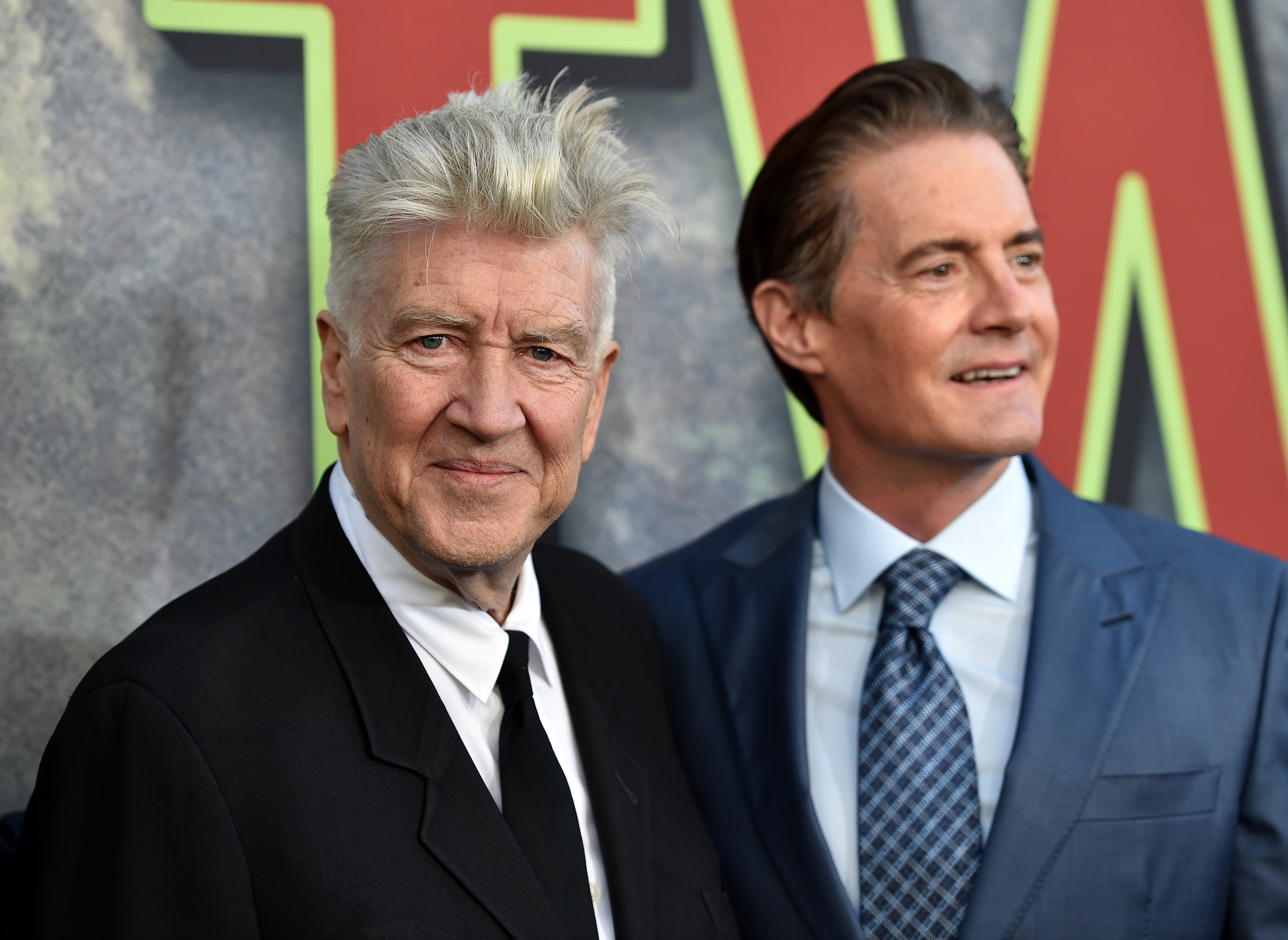 Kyle MacLachlan and David Lynch standing together at the Showtime Twin Peaks premiere at The Theatre at Ace Hotel in Los Angeles