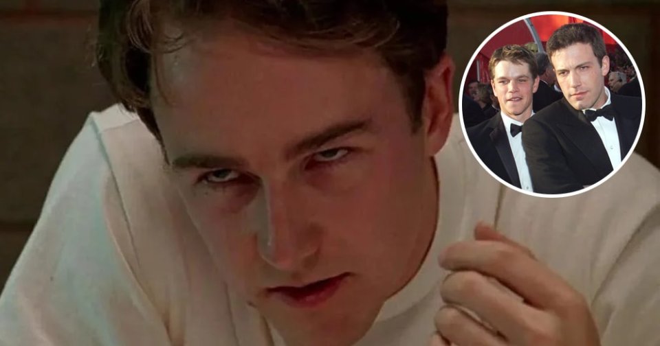 Young man in a white t-shirt leaning forward with an intense, menacing expression, in a scene from Primal Fear (1996).