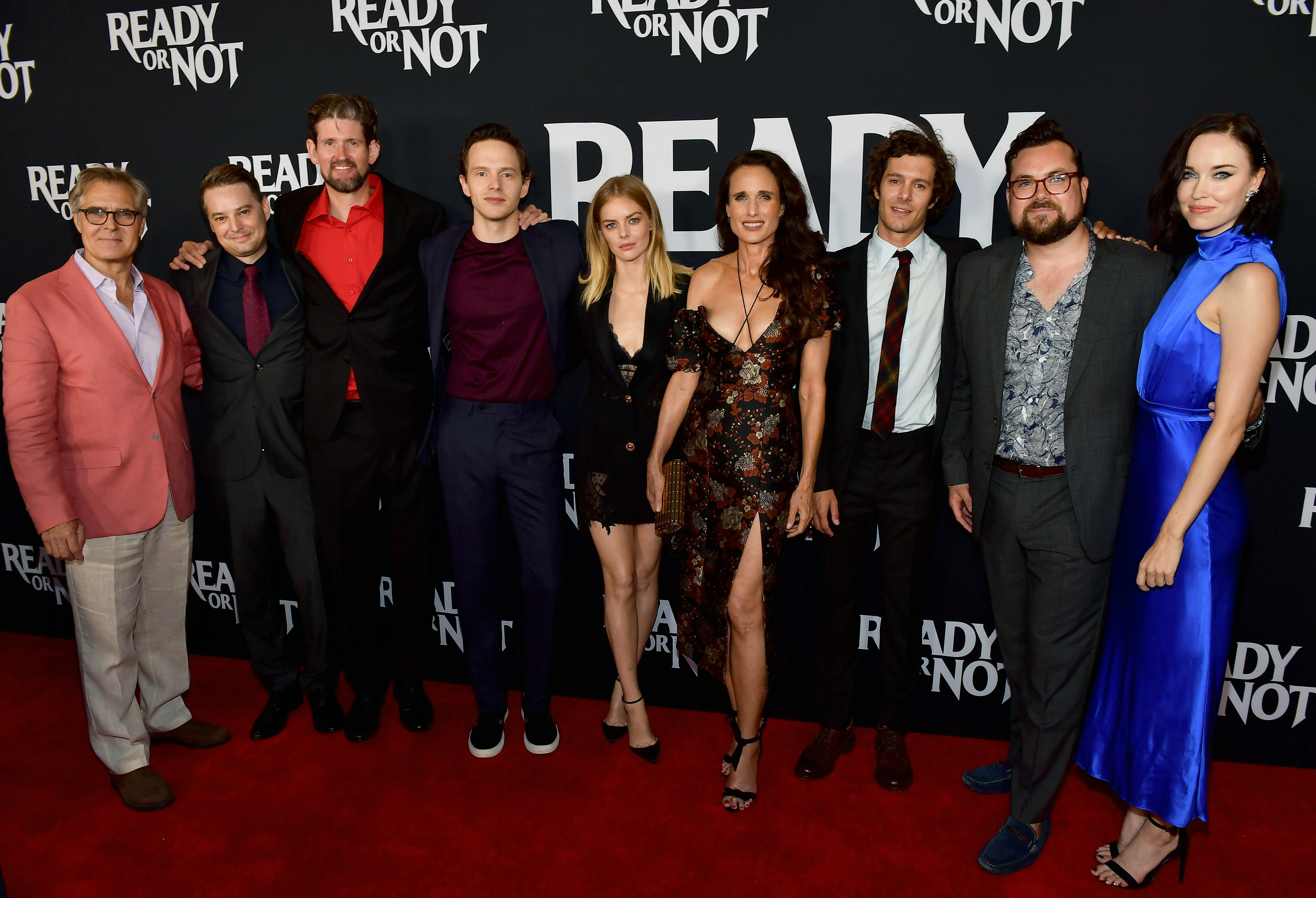 Cast and crew of Ready or Not on the red carpet at ArcLight Culver City, including Samara Weaving, Andie MacDowell, and Adam Brody