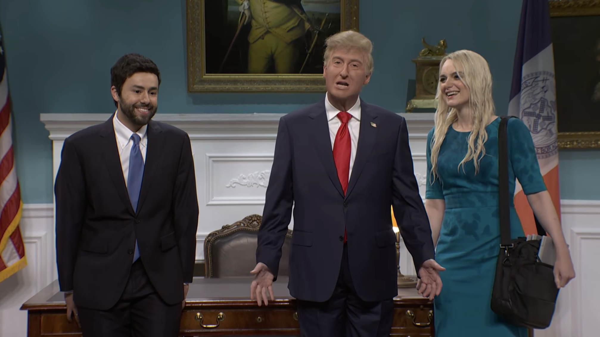 Saturday Night Live cast performing a sketch parodying Trump aide Natalie Harp in the Season 52 cold open