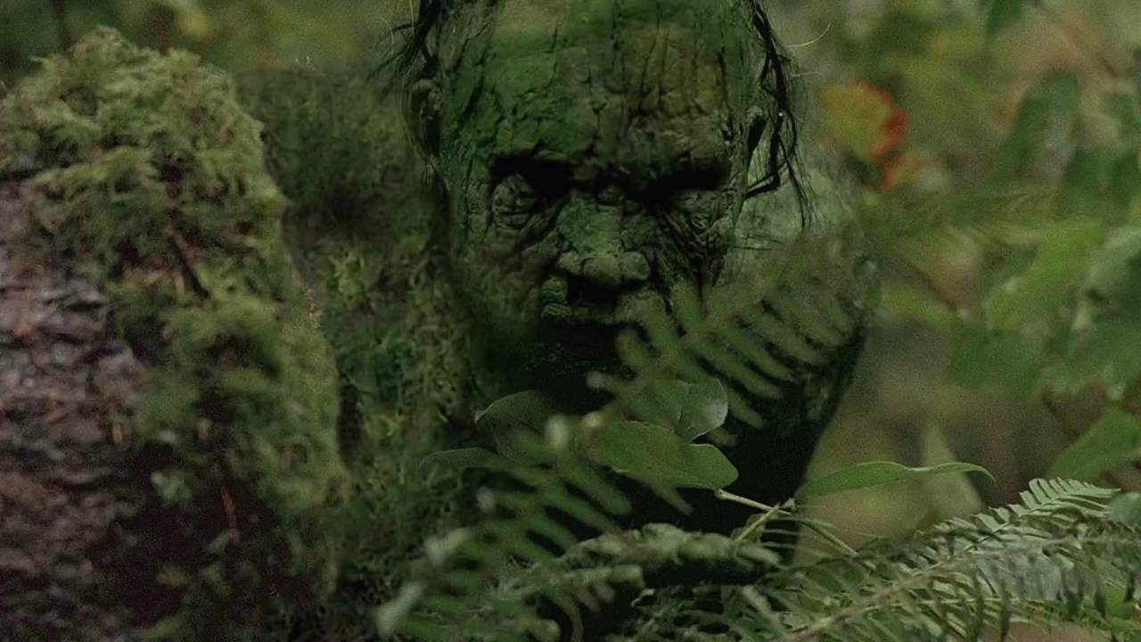 A green, heavily textured bark-like humanoid creature face partially hidden among lush ferns and forest foliage.
