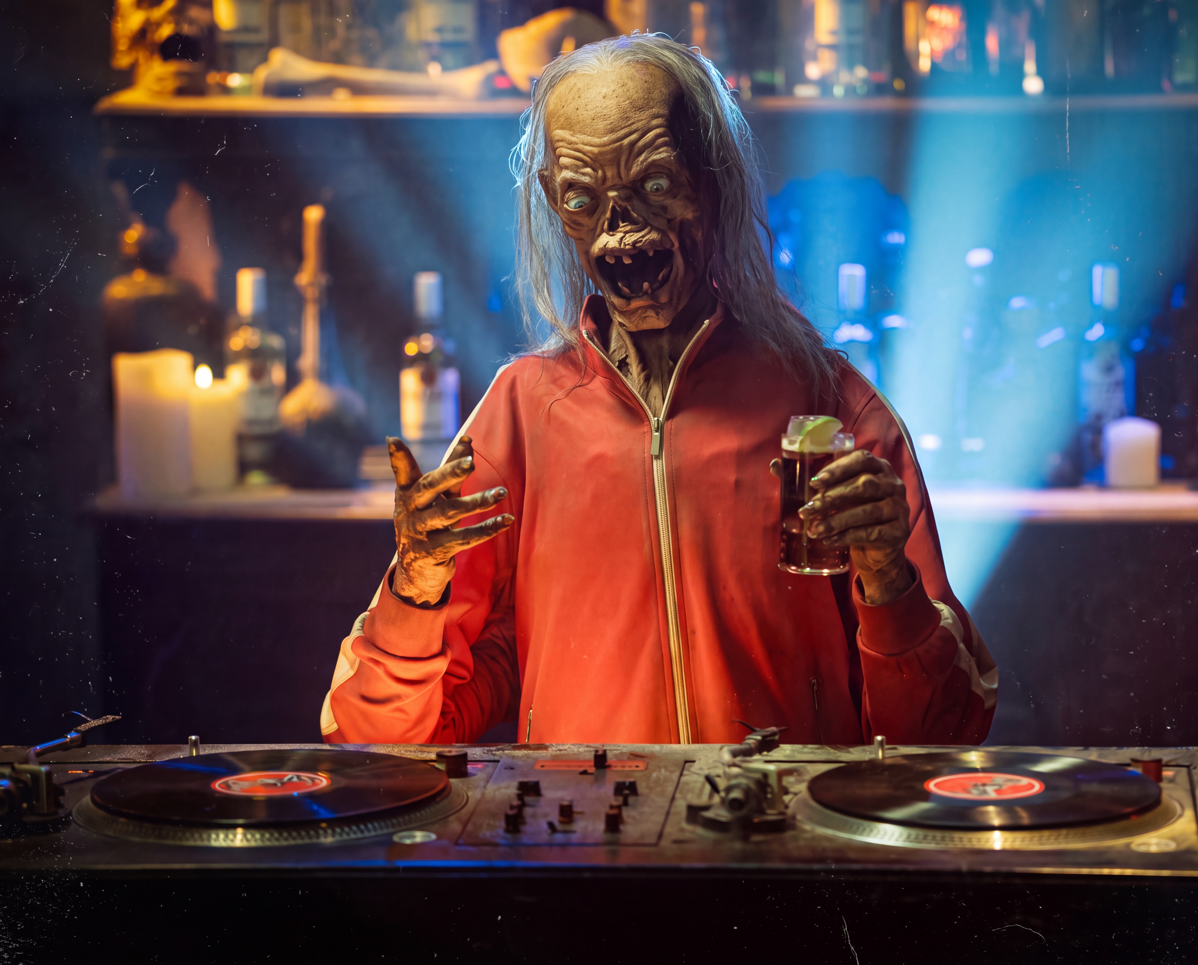 The Crypt Keeper puppet with decaying features, icy blue eyes, and a rotten grin