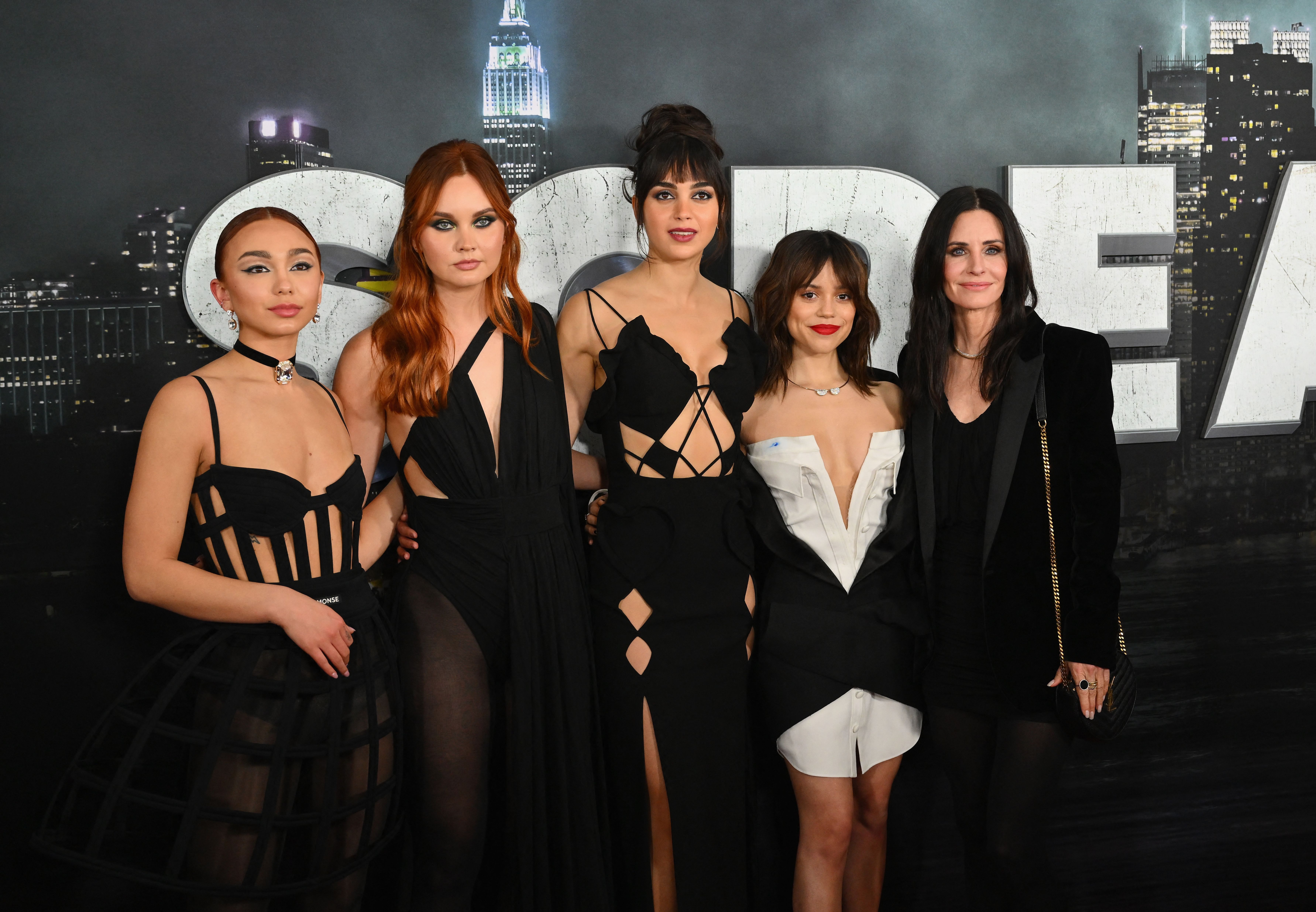 Devyn Nekoda, Liana Liberato, Melissa Barrera, Jenna Ortega, and Courteney Cox at the Scream VI world premiere at AMC Lincoln Square in NYC