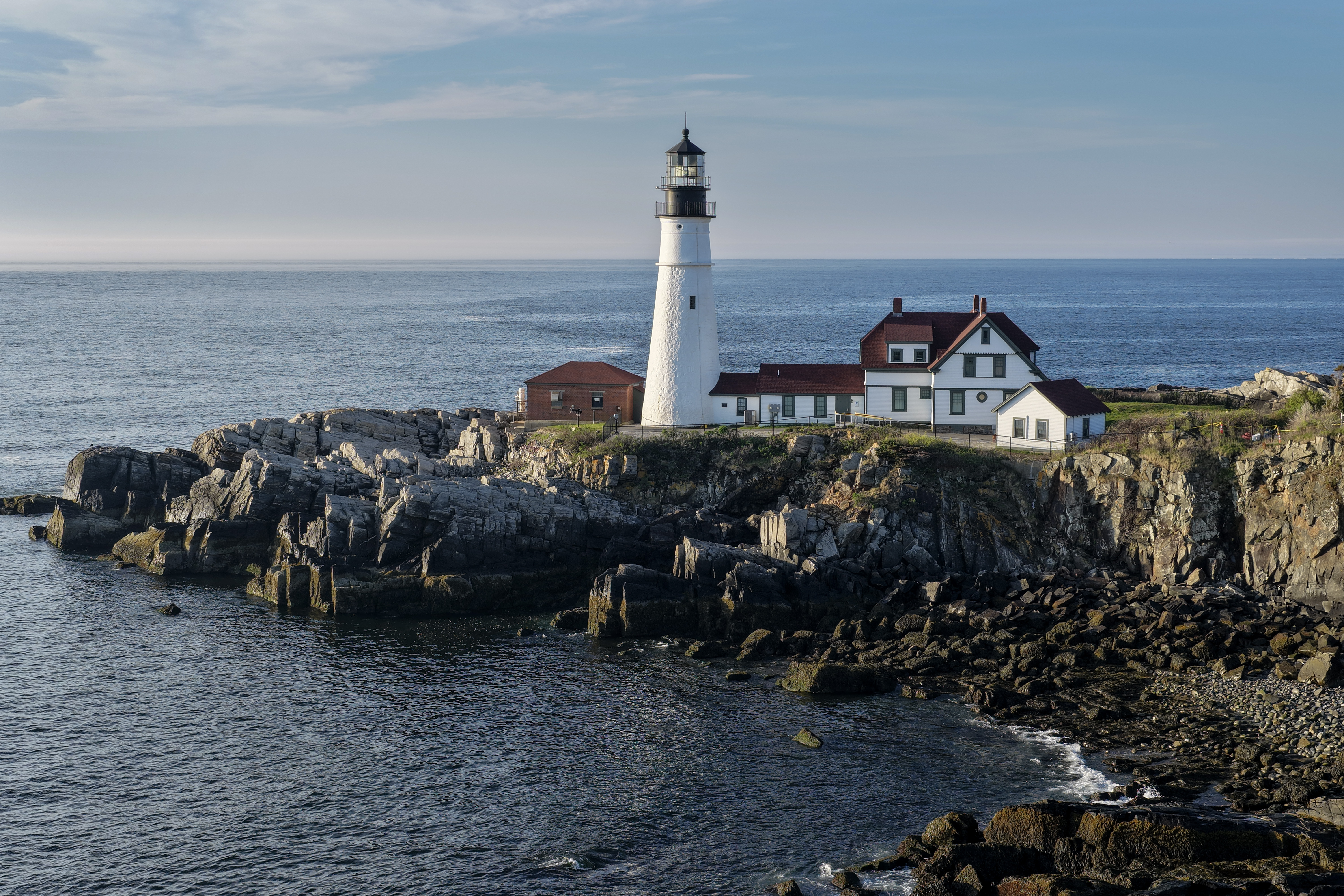 Aerial view of the Portland Head Light lighthouse at Fort Williams Park in Cape Elizabeth, Maine