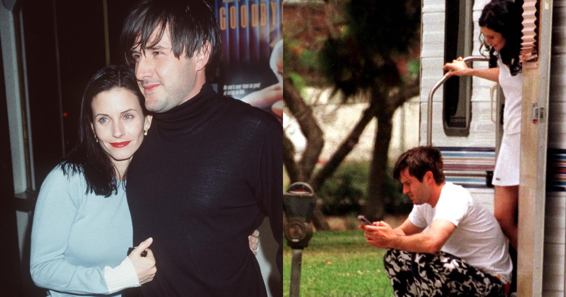 Courteney Cox in a light blue sweater and leather pants leans against David Arquette in a black turtleneck at a movie premiere.