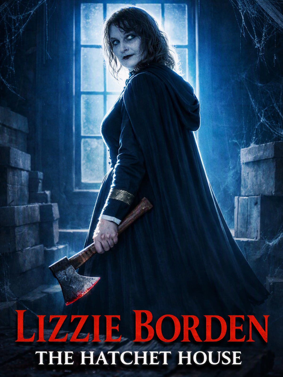 Movie poster for Lizzie Borden: The Hatchet House showing a woman in a dark cape holding a bloody axe, backlit by a blue-tinted window with cobwebs.