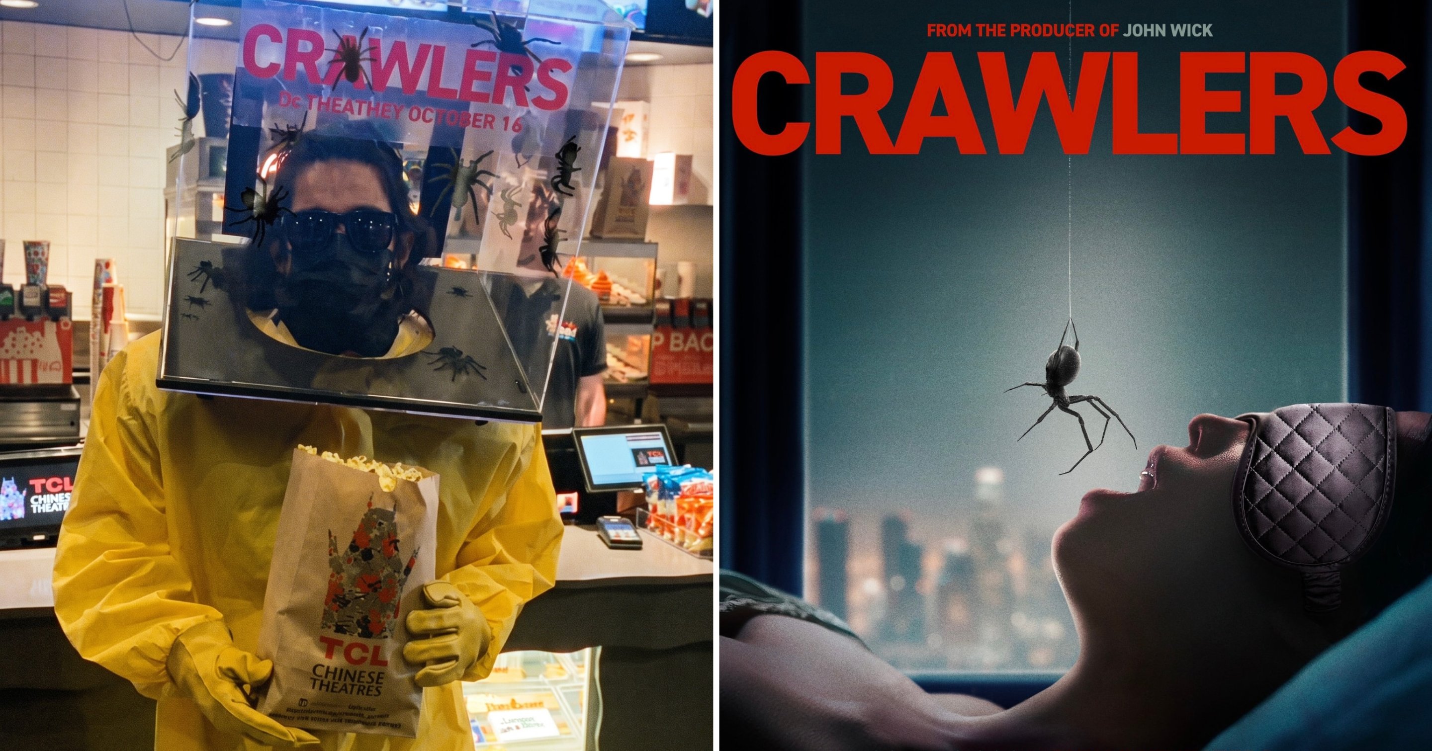 A Man Promoted the Spider Horror Movie ‘Crawlers’ at Screamfest with a Box of Tarantulas on His Head
