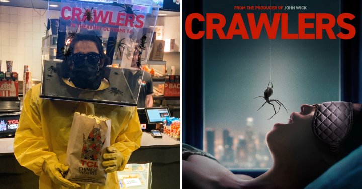 A Man Promoted the Spider Horror Movie ‘Crawlers’ at Screamfest with a Box of Tarantulas on His Head