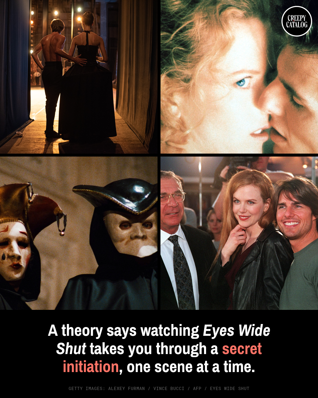 A scene from the 1999 Stanley Kubrick film Eyes Wide Shut featuring masked figures in a ritual ceremony