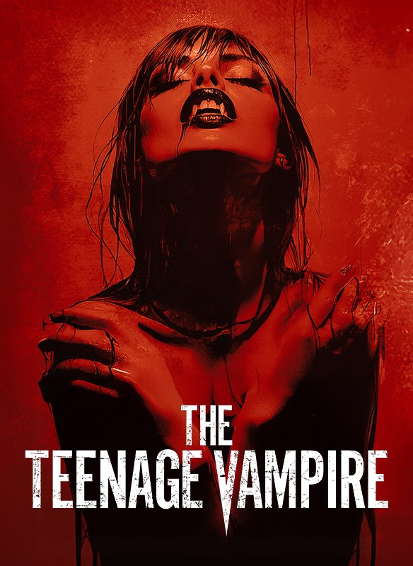 Movie poster for The Teenage Vampire showing a woman with fangs, covered in blood, head tilted back against a red background.