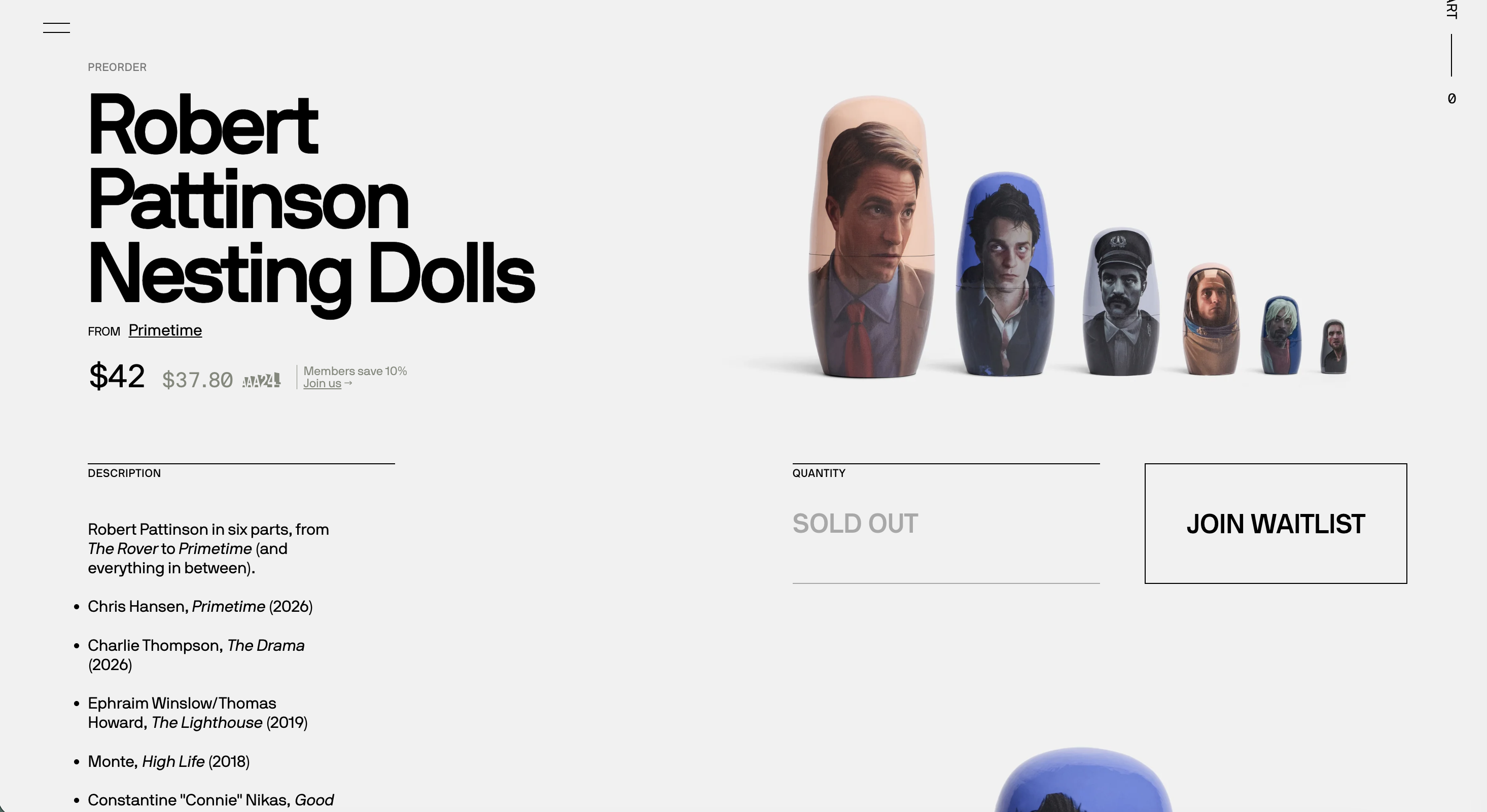 A set of 6 painted wooden nesting dolls representing Robert Pattinson's A24 film characters