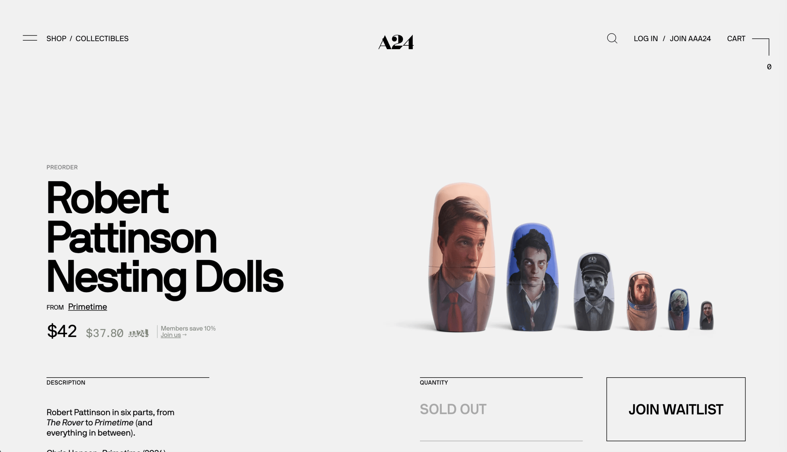 Set of 6 A24 Robert Pattinson wooden nesting dolls painted with his film characters