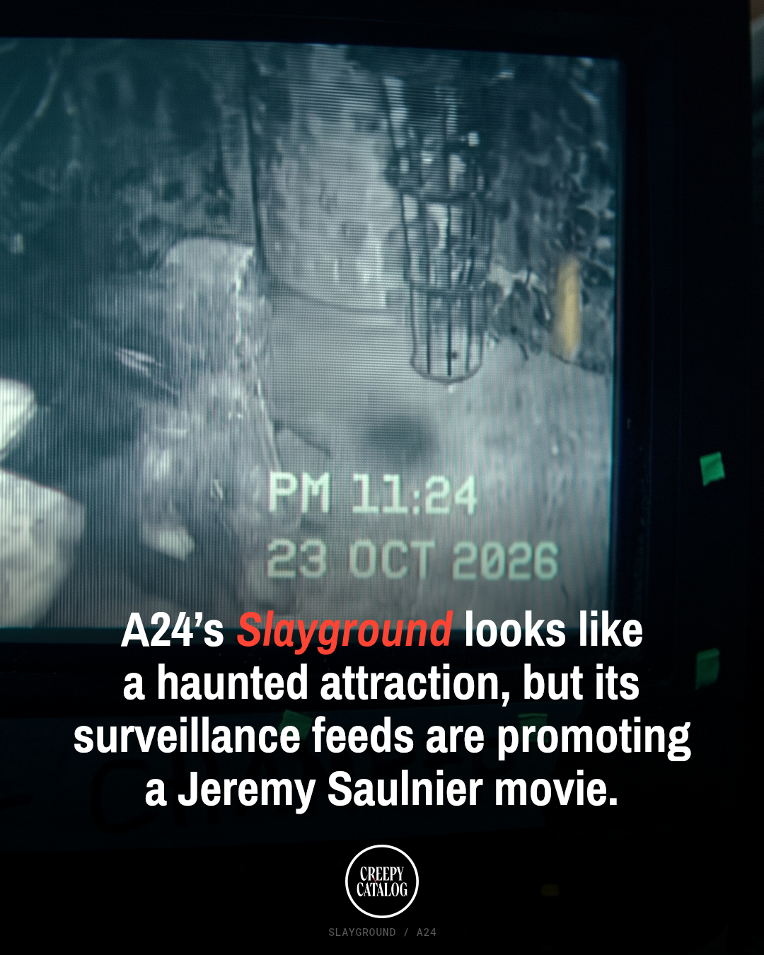 Security-camera style footage from A24's Slayground promotional haunted attraction campaign