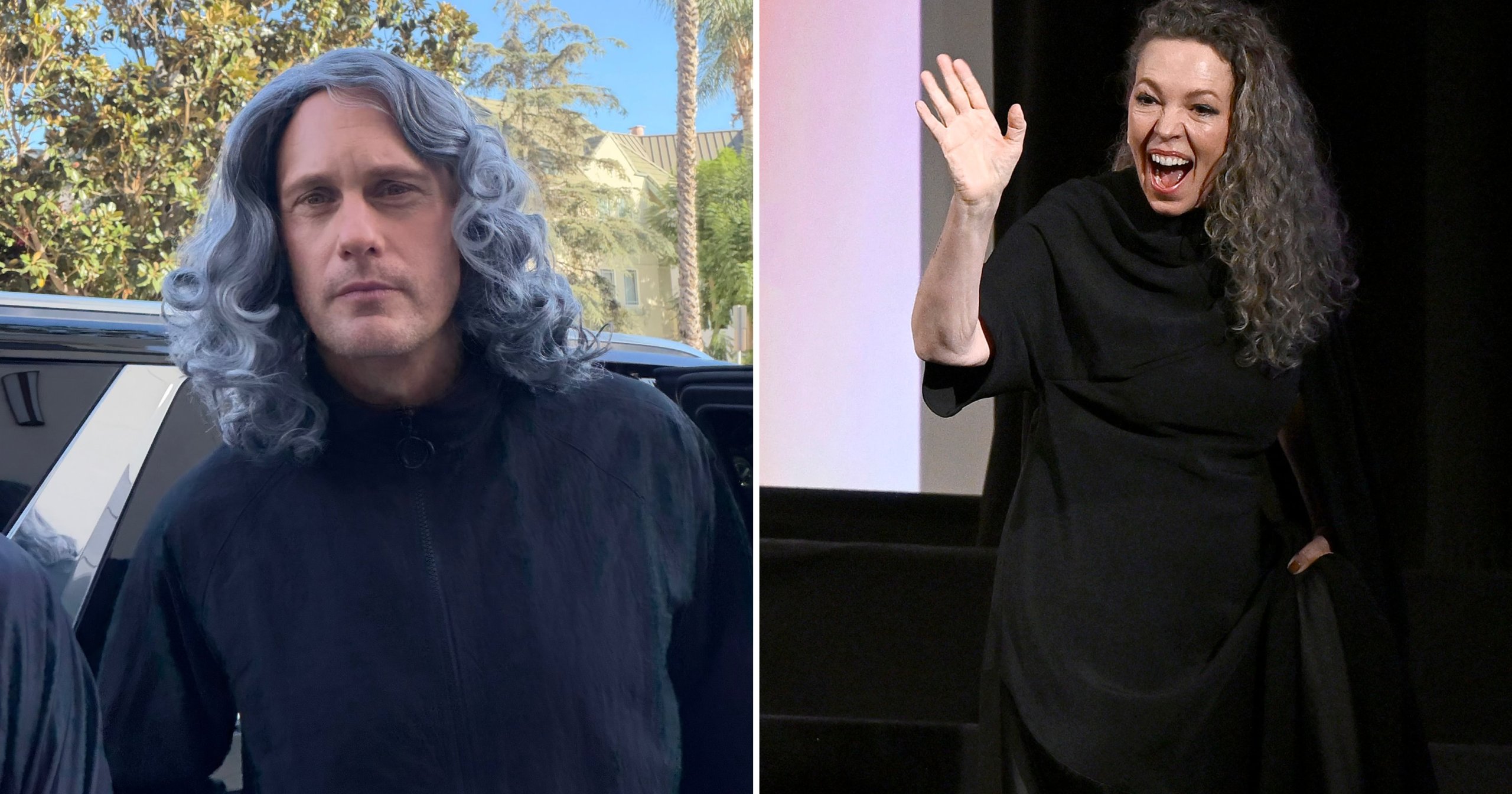 Alexander Skarsgรฅrd wearing a long gray wig at a screening of "Wicker" in Los Angeles