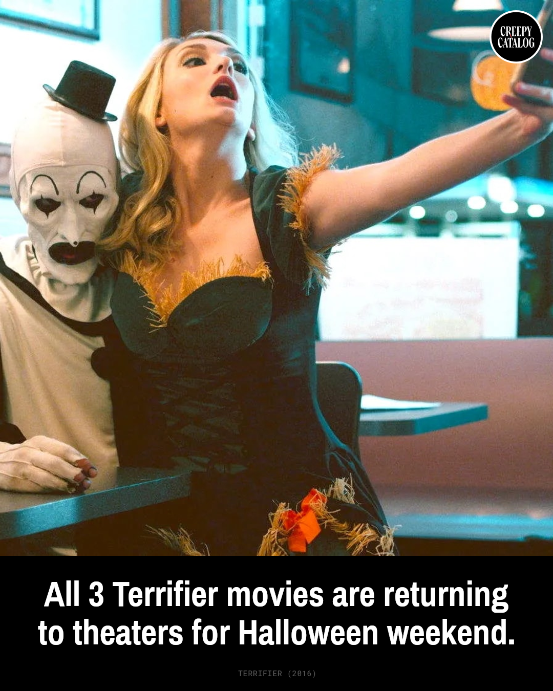 A still from the 2016 horror film Terrifier featuring Art the Clown.
