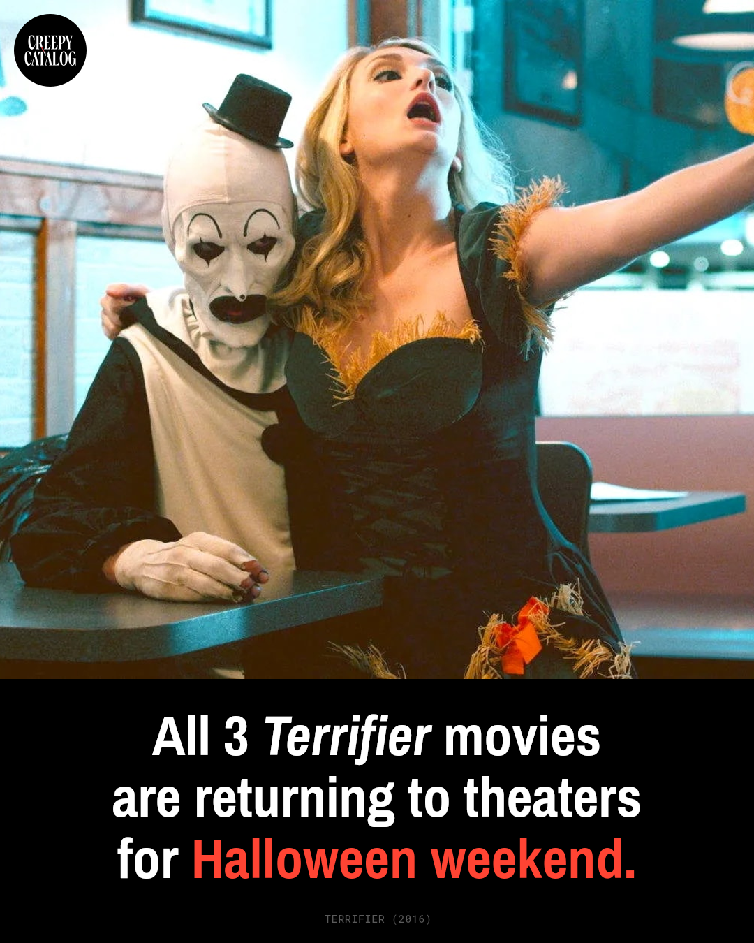 A still from the 2016 horror film Terrifier featuring Art the Clown