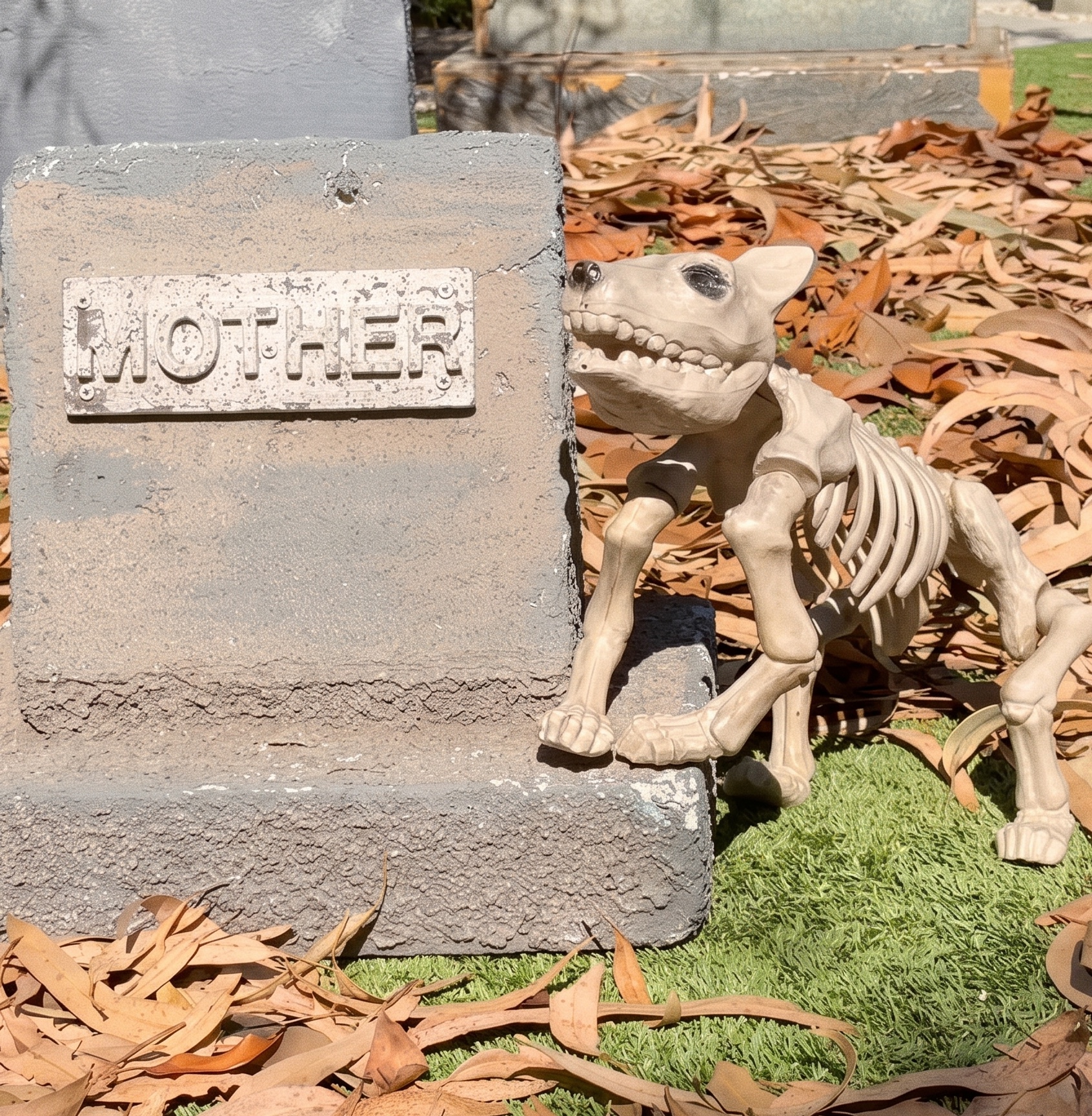 Alyson Hannigan's outdoor Halloween graveyard display with tombstones and props from Buffy the Vampire Slayer