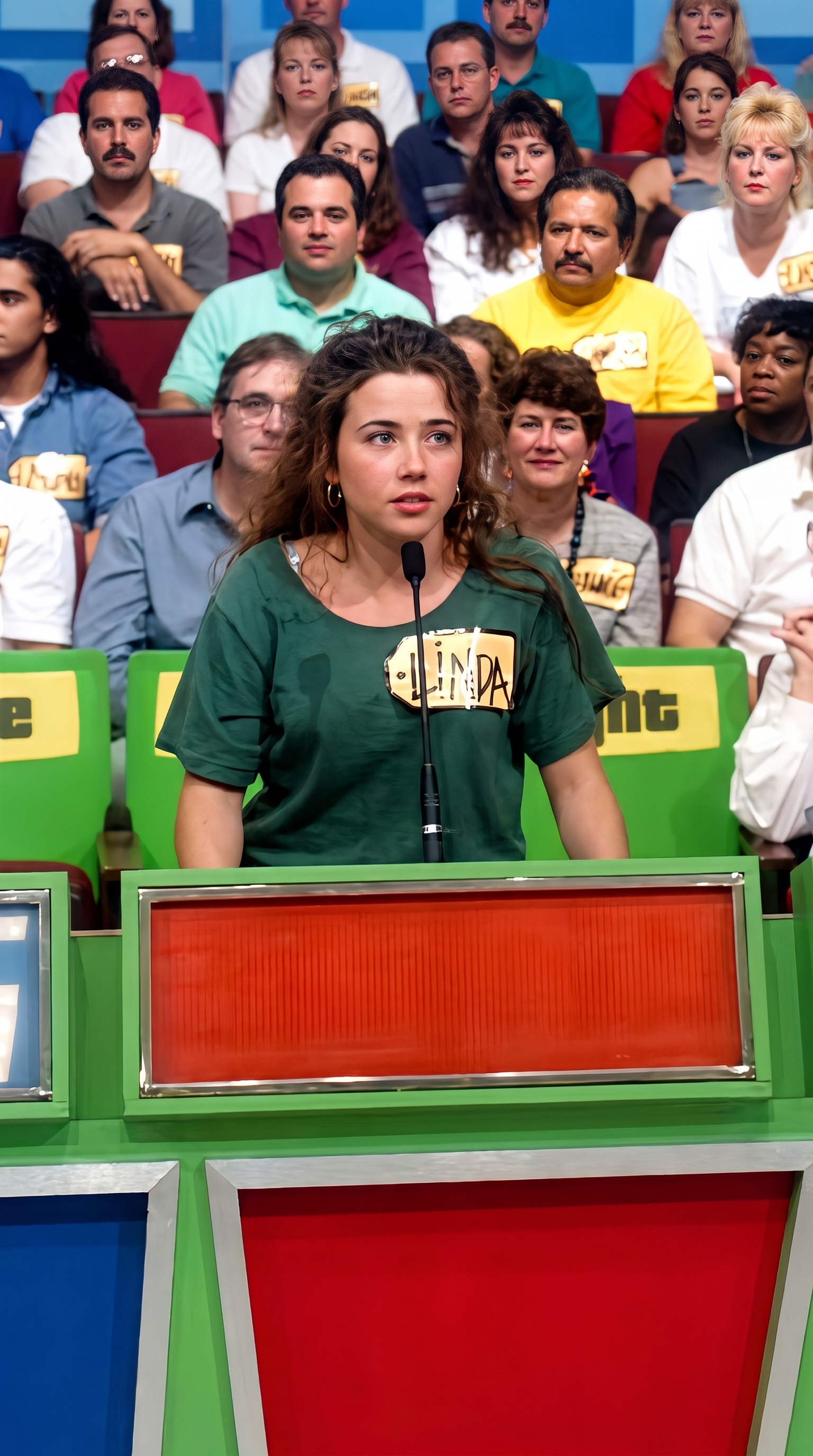 Young woman with curly brown hair in a green t-shirt and 'Linda' name tag standing at a game show podium with audience behind her.