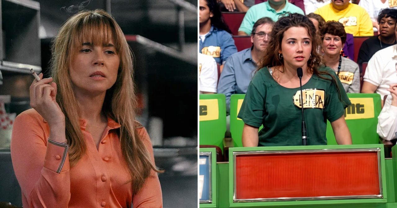 Young woman in a green t-shirt with a name tag reading 'Linda' stands at a game show bidding podium with a studio audience behind her.