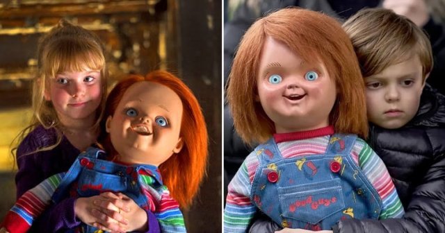 Young blonde girl holding the Chucky doll, both facing the camera, in a scene from Curse of Chucky (2013).