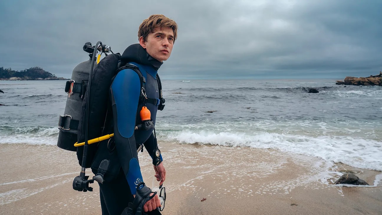 A young man in a blue and black wetsuit with scuba tank stands on a sandy beach, holding diving gear, with a cloudy ocean behind him.
