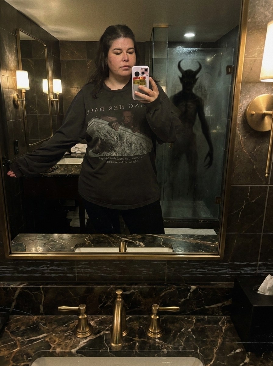 Chrissy Stockton taking a mirror selfie in a hotel bathroom, a horned shadow figure standing in the shower behind her