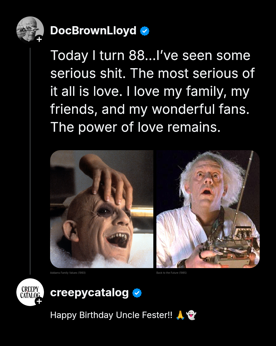 Side-by-side stills of Christopher Lloyd as Gomez Addams in Addams Family Values and as Doc Brown in Back to the Future