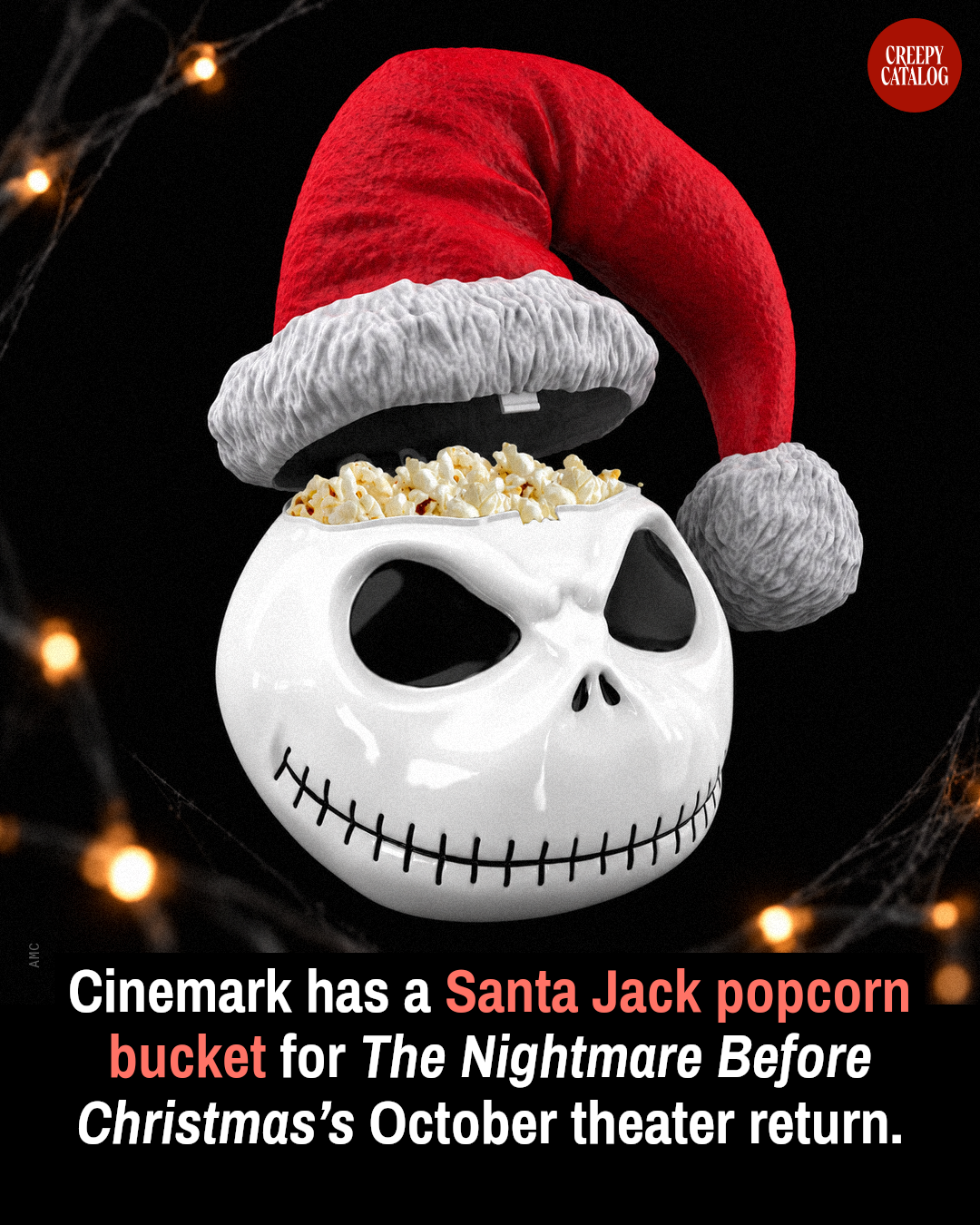 Jack Skellington figural popcorn bucket wearing a red-and-white Santa hat, with a light-up face feature
