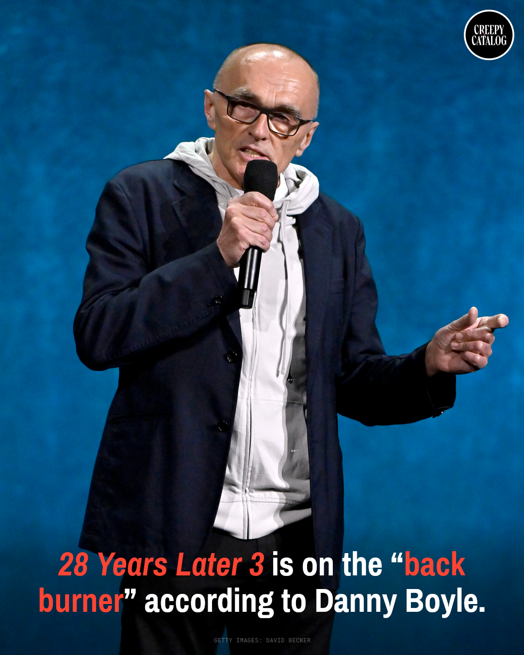 Danny Boyle speaking onstage at CinemaCon 2026 at Caesars Palace in Las Vegas