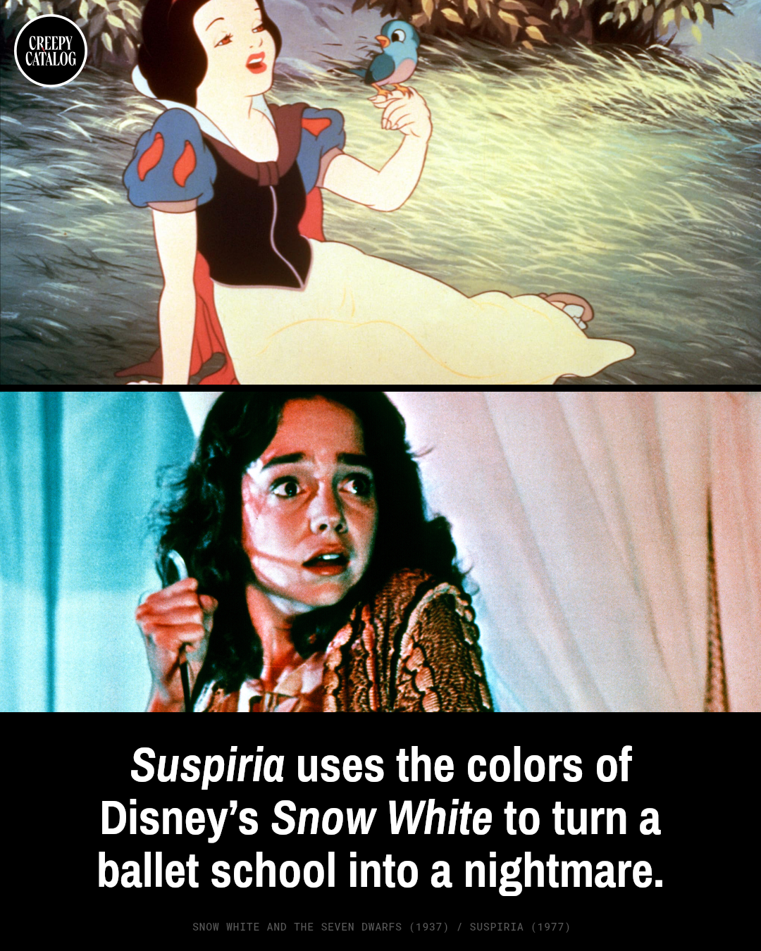 Comparison of color palettes from Snow White and the Seven Dwarfs (1937) and Suspiria (1977)