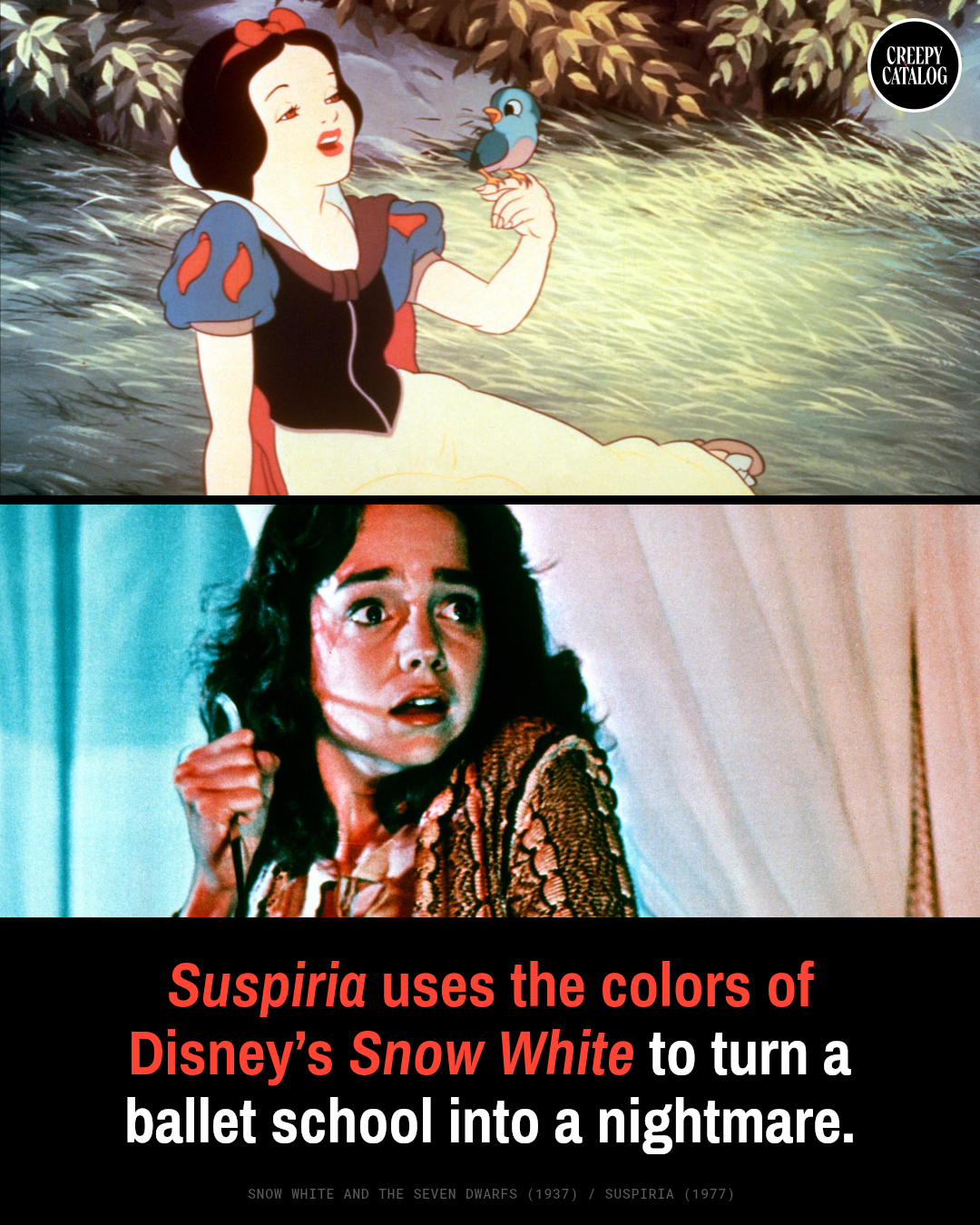 Side-by-side comparison of color palettes from Snow White and the Seven Dwarfs (1937) and Suspiria (1977)