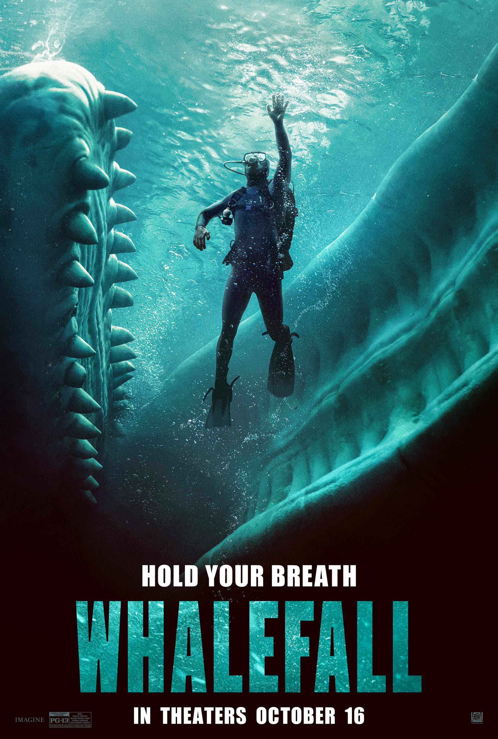 Movie poster for Whalefall showing a scuba diver floating between the massive open jaws of a giant underwater creature, with the text 'Hold Your Breath — Whalefall — In Theaters October 16.'
