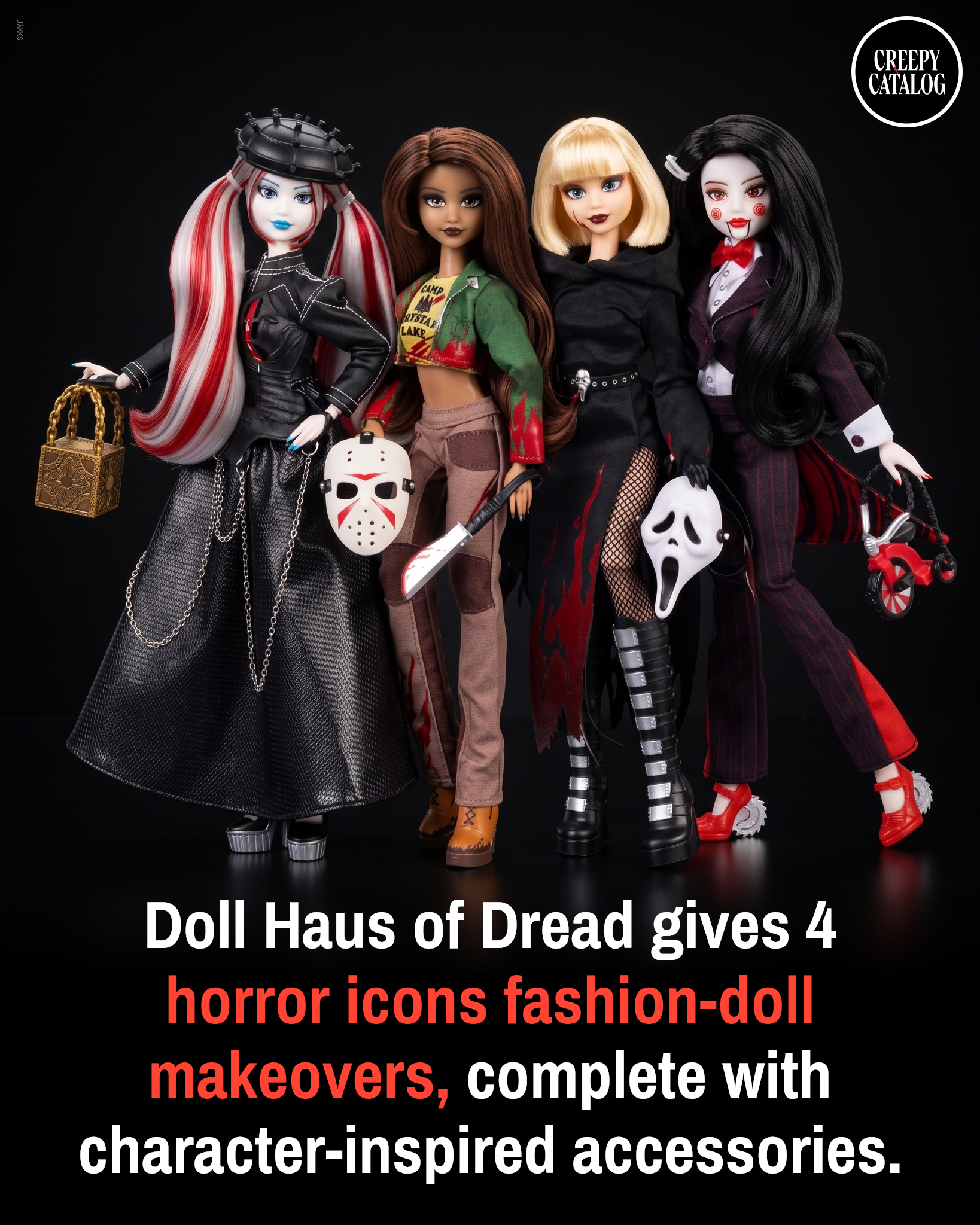 Four Doll Haus of Dread fashion dolls based on Ghost Face, Billy the Puppet, Jason Voorhees, and Pinhead from horror films