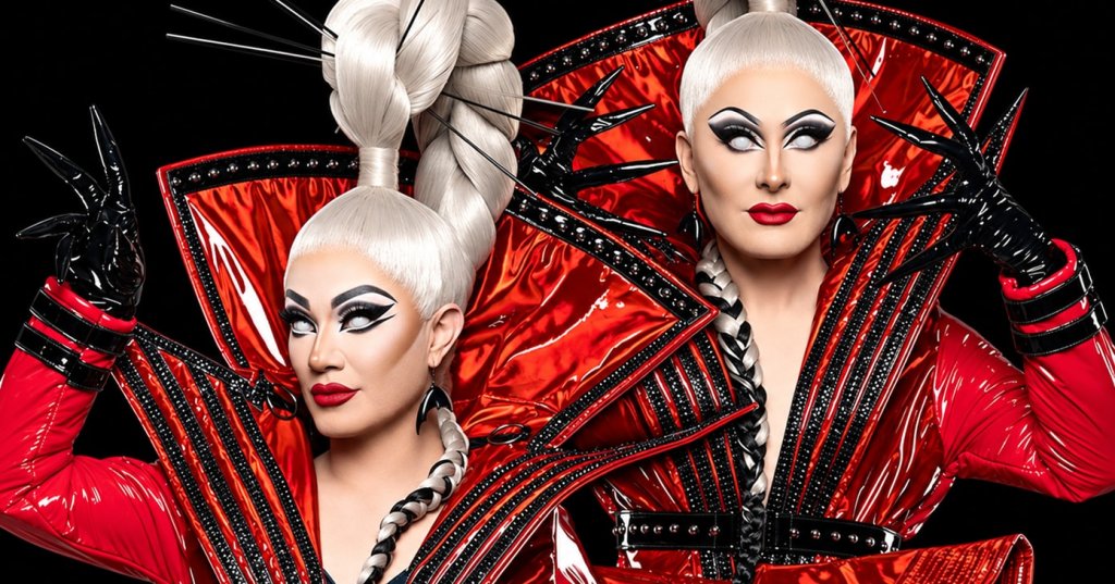 Two performers in matching red latex outfits with spiked black collars, platinum braided updo wigs, dramatic black-and-white eye makeup, and black gloved hands raised.