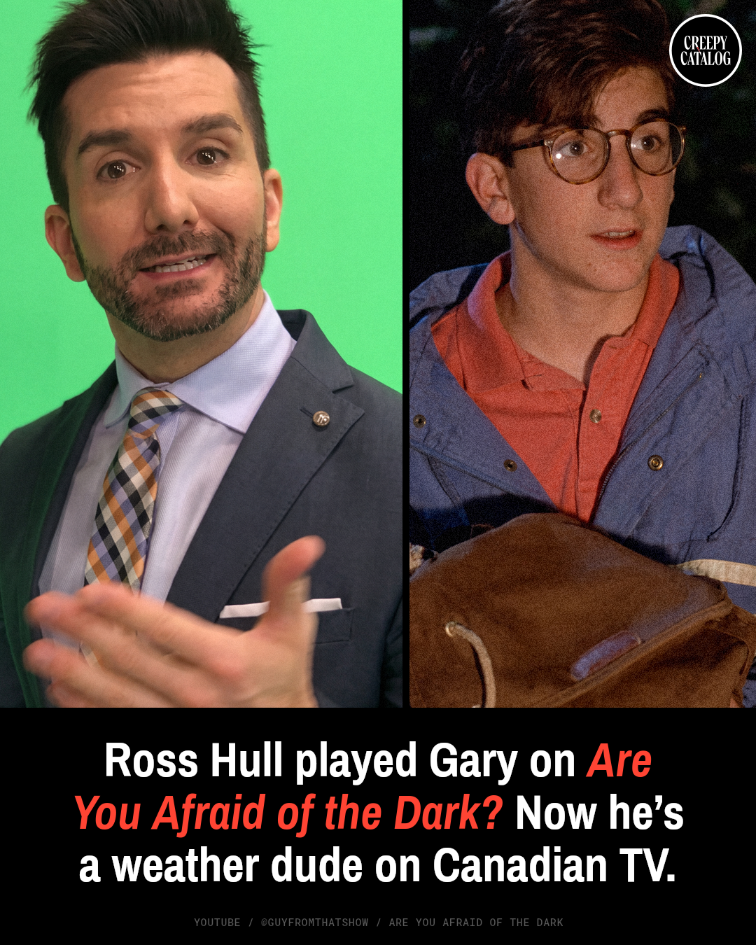 Ross Hull as Gary on Are You Afraid of the Dark?, standing with the Midnight Society around a campfire