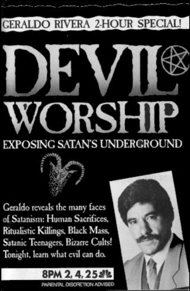 NBC broadcast still from the 1988 Geraldo Rivera special Devil Worship: Exposing Satan's Underground